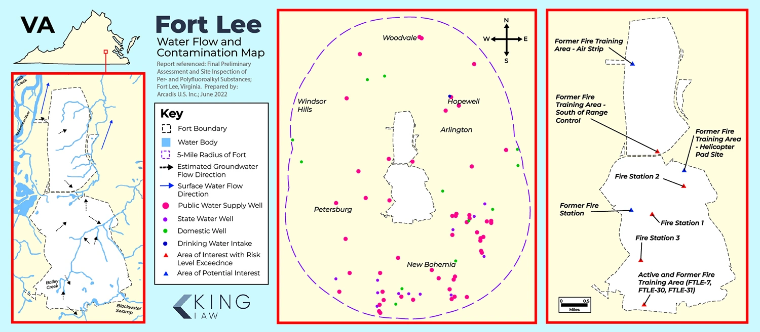 This map shows the water flow direction in and around Fort Lee, wells within a 5 mile radius of Fort Lee, and areas with PFAS risk level exceedance. 