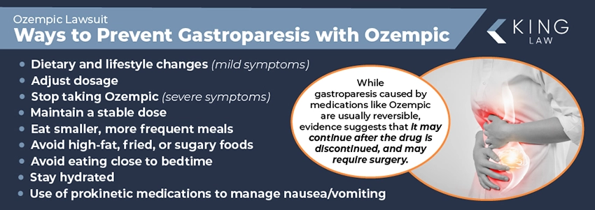 This infographic lists the ways someone on Ozempic can help prevent gastroparesis (stomach paralysis), or ease the side effects of gastroparesis (stomach paralysis). It also notes that gastroparesis may not be immediately reversible. Image of a person holding their stomach. 