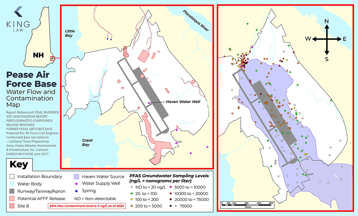 This map shows Pease Air Force Base in New Hampshire. The map hightlights areas of Pease AFB with potential AFFF release and contamination, as well as areas sampled for PFOA and PFOS. 