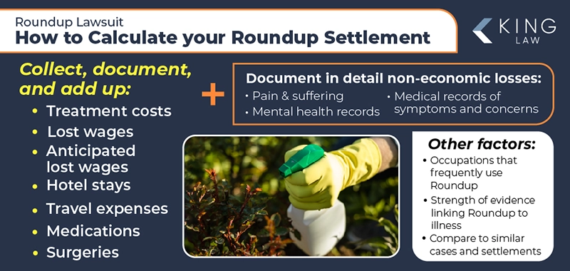 This infographic lists the factors to consider when calculating an approximate settlement amount in your Roundup lawsuit. 