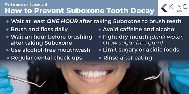 This infographic lists how you can prevent tooth decay while taking Suboxone. Image of a happy woman smiling with teeth with dentist's hands holding dentist's tools by her head. 