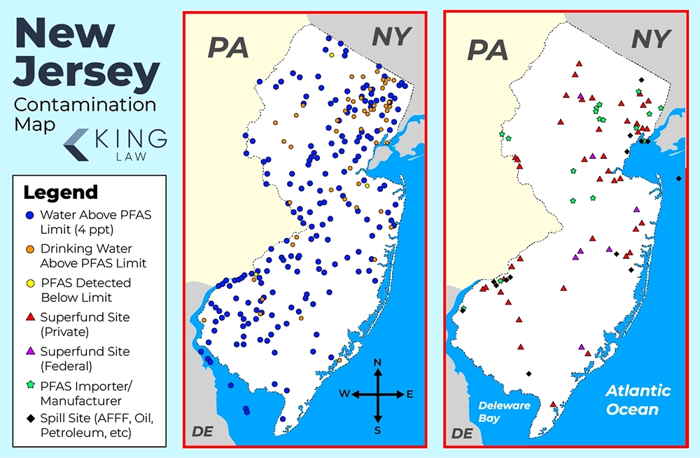 This map shows the confirmed, over-limit PFAS contaminated sites across New Jersey, including PFAS manufacturing sources and spill sites. 