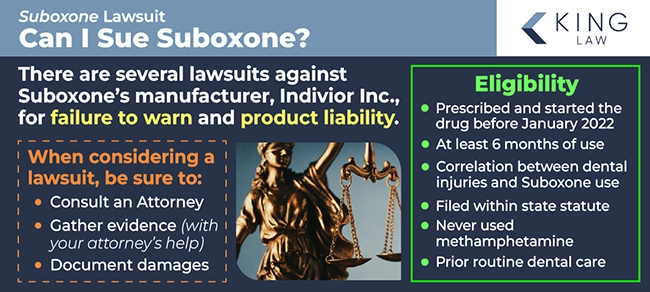 This infographic points out current lawsuits against Indivior, Suboxone's manufacturer, and lists three important steps before joining a lawsuit. Another list shows eligibility criteria. Image of a golden lady justice statute close up.