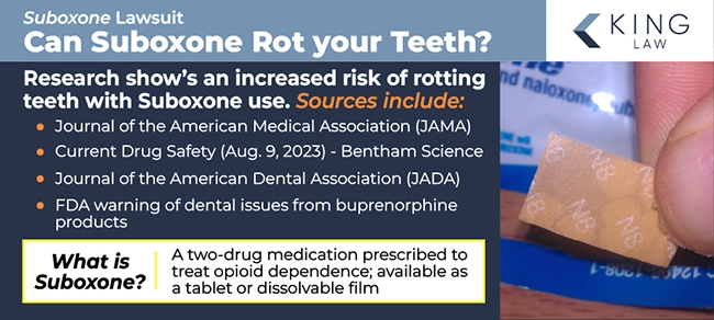 This infographic lists various studies that show how Suboxone can rot your teeth. A brief description of Suboxone is shown. Image of fingers holding a Suboxone sublingual film strip. 