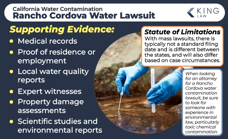 This infographic lists evidence that will help support a Rancho Cordova water contamination lawsuit claim. It also notes the statute of limitations in a Rancho Cordova, California water contamination lawsuit and what to look for in an attorney. Image of hands with blue latex gloves taking a water sample at a creek.