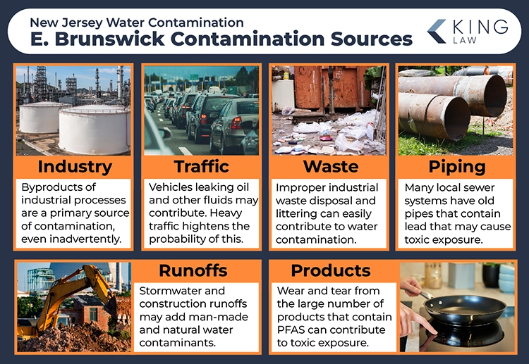 This infographic shows the main sources of water contamination in East Brunswick, New Jersey. Each listed source has a correlating picture.