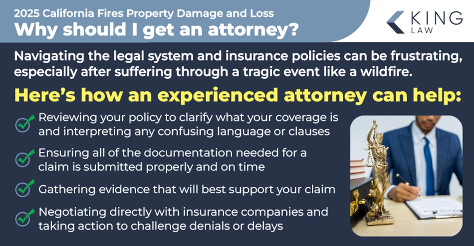 This infographic lists the ways an attorney can help you with your California wildfire lawsuit claim and insurance.