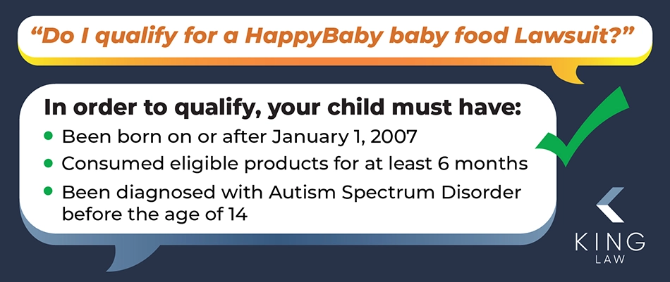 Two speech bubbles are shown. One asks if they qualify for a HappyBaby baby food lawsuit. The second responds with the eligibility criteria.