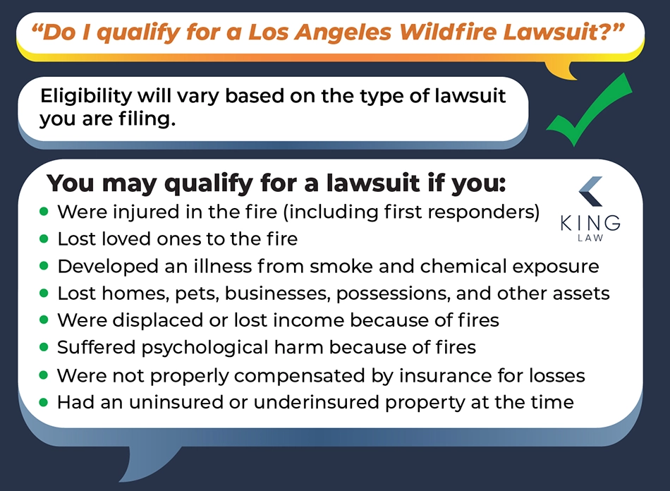 This infographic lists the possible eligibility criteria for filing a Los Angeles Wildfire lawsuit.