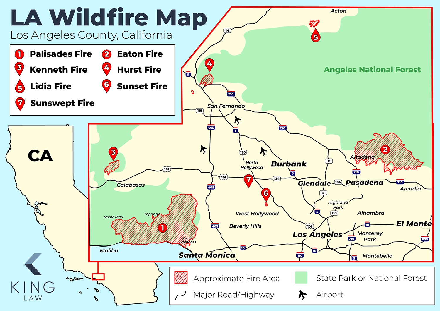 This infographic gives a basic outline of the major fires in the Los Angeles wildfire in relation to each other in Los Angeles county.