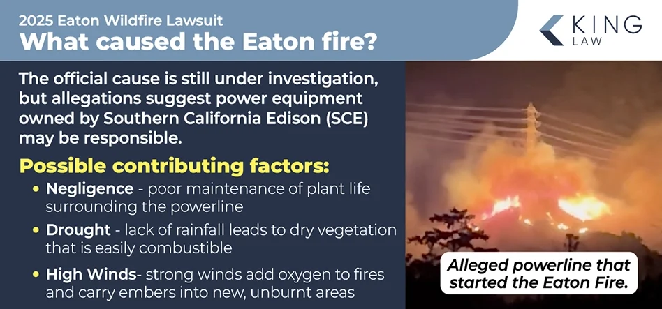 This infographic explains the possible cause for the Eaton fire and what factors may have contributed. An image of the alleged powerline is shown.