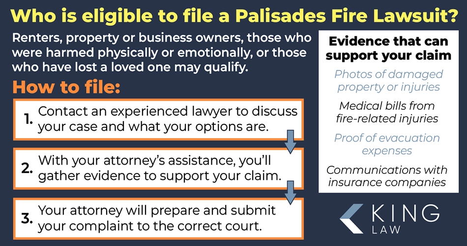 This infographic provides information on who qualifies for a Palisades Fire lawsuit, how to file a palisades fire lawsuit, and what evidence can help support a palisades wildfire lawsuit claim.