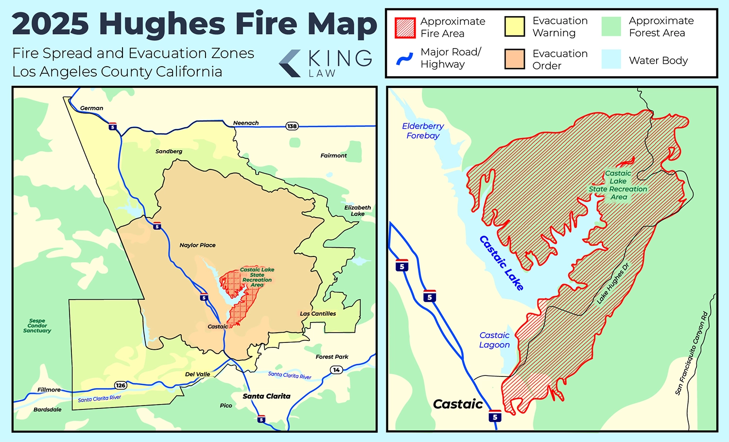 This is a map that shows the approximate spread area of the Hughes fire and the surrounding areas that had mandatory evacuations or warnings.