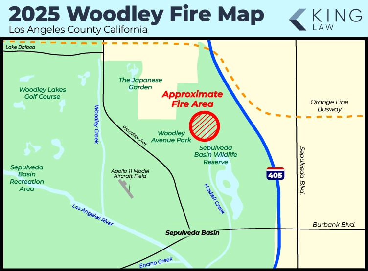 This graphic is a basic map of the Woodley fire in Los Angeles County, California, and it's surrounding areas.