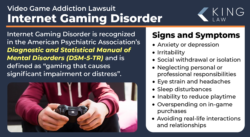 Infographic describes what Internet Gaming Disorder is and lists some of the signs and symptoms. Image of a young boy in a red sweatshirt with a gaming controller.